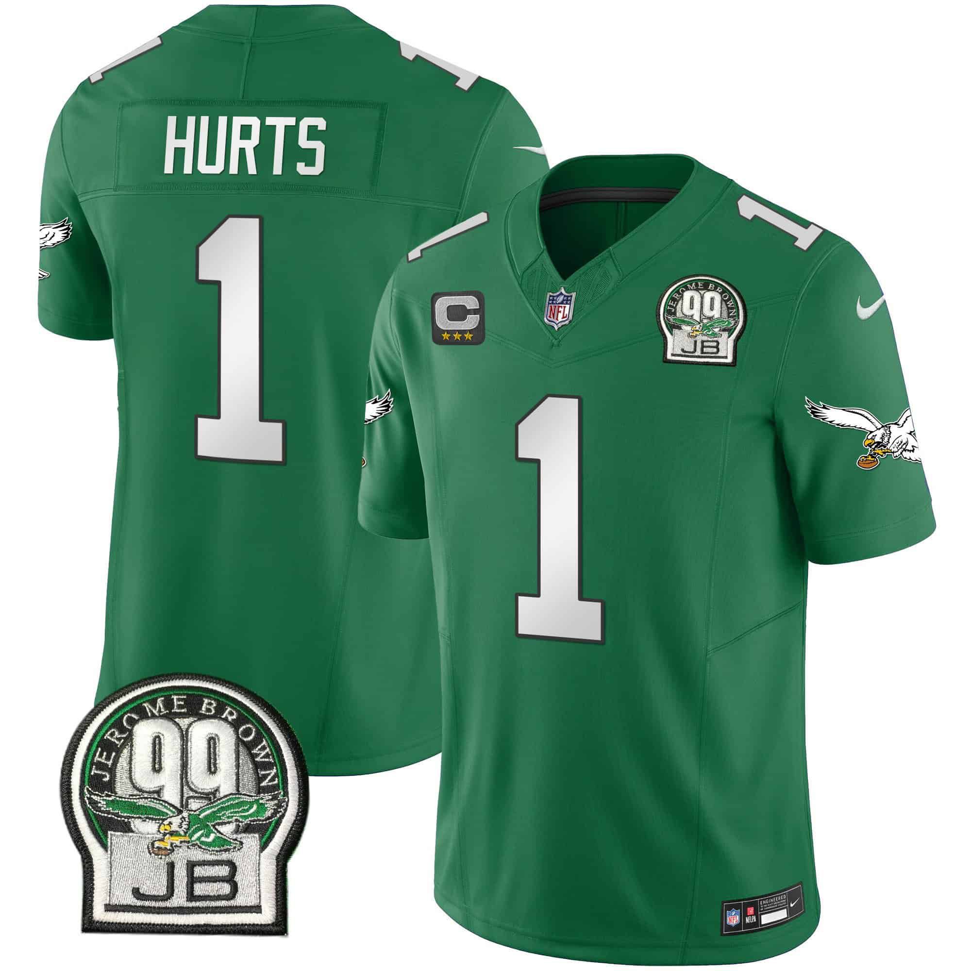 Men Philadelphia Eagles #1 Hurts Green 2024 Nike Jerome Brown Patch Alternate Limited NFL Jersey style 1